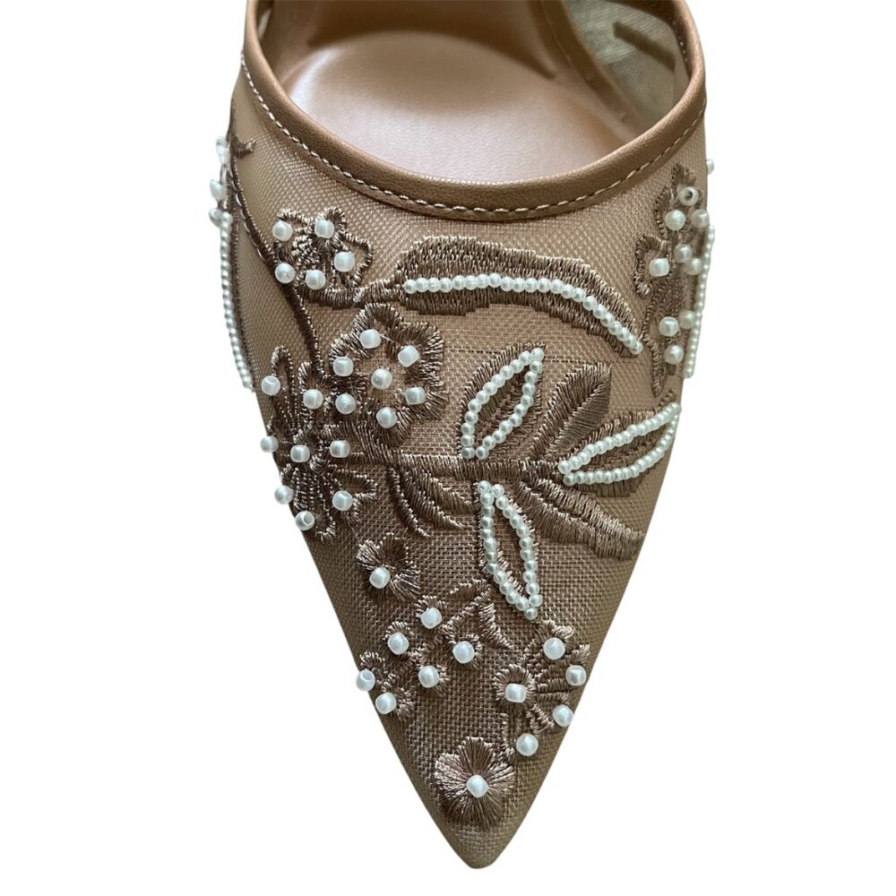 Zara Embroidered Mesh Slingback Heels Brown Size 10 Pointed Toe NWT Party Bridal - Picture 5 of 9